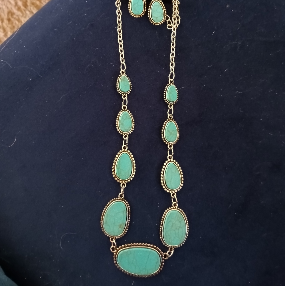 Faux Beaded Edge Turquoise Set Necklace w/ Earrings